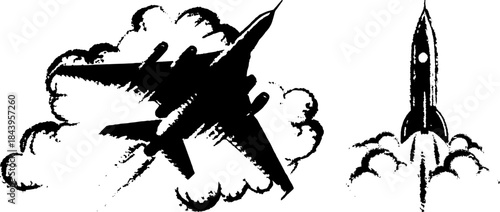 Vintage Airplane and Rocket Silhouettes in Xerography Halftone Style, Retro Flight and Space Illustration on Transparent Background