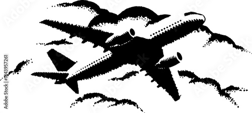 Vintage Airplane Silhouette in Xerography Halftone Style, Retro Aviation Illustration on Transparent Background