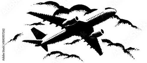 Vintage Airplane Silhouette in Xerography Halftone Style, Retro Aviation Illustration on Transparent Background