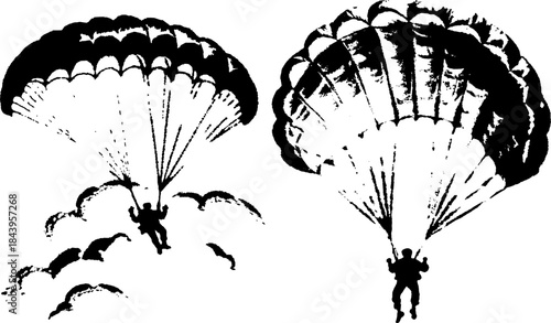 Vintage Parachutists Silhouettes in Xerography Halftone Style, Retro Skydiving Illustration on Transparent Background