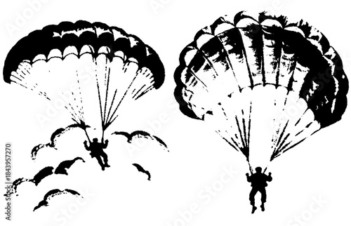 Vintage Parachutists Silhouettes in Xerography Halftone Style, Retro Skydiving Illustration on Transparent Background