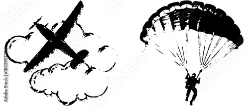 Vintage Parachutist and Airplane Silhouettes in Xerography Halftone Style, Retro Aviation Illustration on Transparent Background