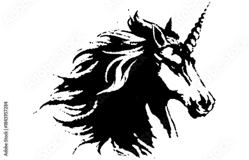 Vintage Unicorn Head Silhouette in Xerography Halftone Style, Mythical Fantasy Illustration on Transparent Background