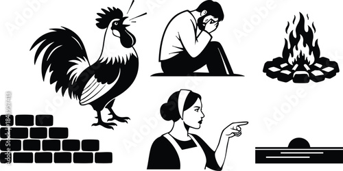 Flat icon set silhouette symbols rooster crowing distressed man sitting with hands on face campfire stacked brick wall maid pointing finger closed coffin lid monochrome vector