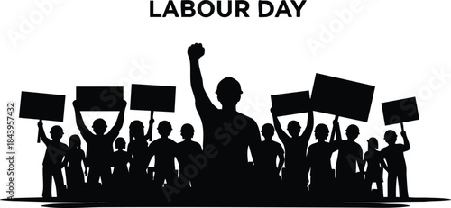 Flat design silhouetted crowd raising fists and holding protest signs labour day banner above center figure close up low angle black and white minimal vector art