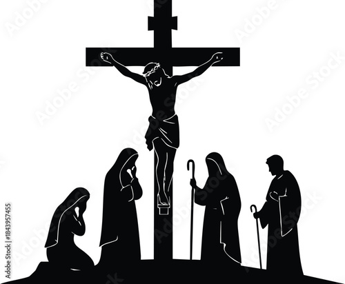 Silhouette vector close up of jesus christ on cross with three women and two men mourning kneeling and standing at hilltop backlit contrast black and white