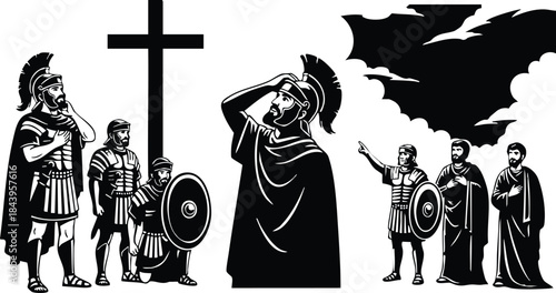 Silhouette vector low angle roman soldier shielding eyes looking up at large cross with two armed companions under jagged storm cloud dramatic high contrast bold vintage