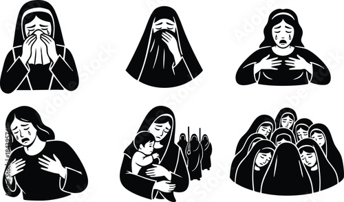 Flat design silhouette icon set six grieving women in headscarves crying covering face holding child looking away group composition high contrast bold graphic monochrome vector art