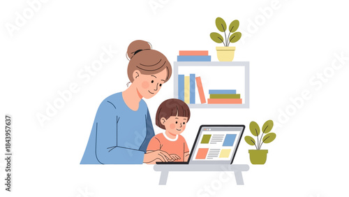 Mother and child learning together with laptop at home in a cozy setting