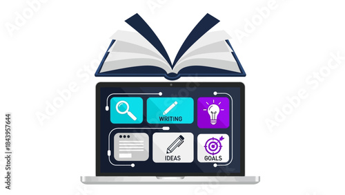 Open book and laptop displaying writing apps and ideas for creative projects