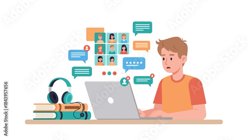 Virtual learning concept with student using laptop and engaged in online communication