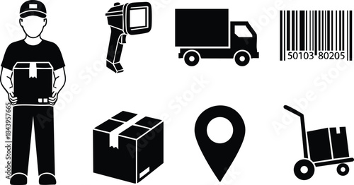 Flat design front view courier holding package looking at camera with handheld scanner delivery truck barcode boxes location pin and hand truck logistics icons warehouse silhouette