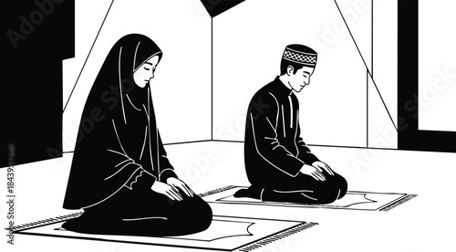 Line art side view of man and woman kneeling in prayer on patterned prayer mats inside mosque interior high contrast black and white minimal quiet composition