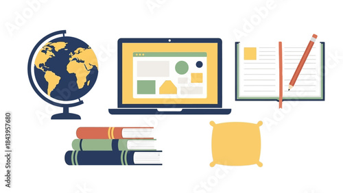 Flat design education workspace with laptop, books, and globe
