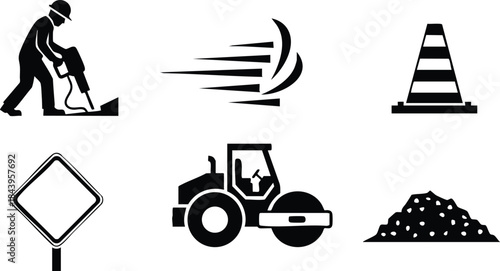 Flat design close up construction icon set showing worker using jackhammer road roller traffic cone dirt pile and diamond road sign black silhouette front facing bold