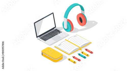 Isometric office supplies with laptop and headphones in modern workspace