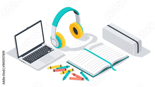 Isometric workspace with laptop, headphones, open notebook, and stationery on white background