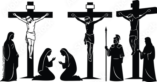 Silhouette crucifixion close up three crosses with jesus christ central low angle view mourners kneeling soldier standing side easter flat vector stark black and white contrast