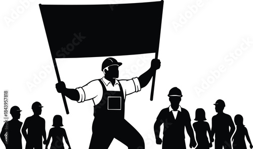 Flat design silhouette close up central worker holding large blank flag leading diverse group of protesters and workers in solidarity march bold black vector graphic scene