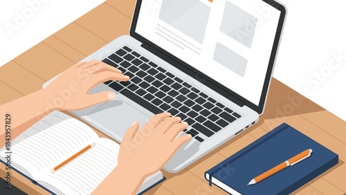 Isometric workspace: hands typing on laptop with open notebooks and pen on desk