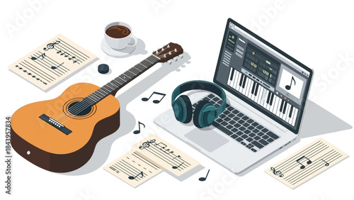 Isometric music production setup with laptop, guitar, headphones, and coffee