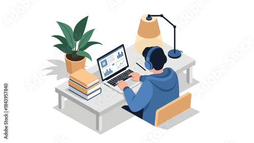 Remote work with headphones and laptop in isometric style home office