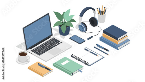 Isometric workspace with laptop, books, and office supplies in modern design