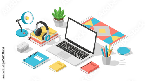 Modern workspace with laptop and office supplies in isometric style