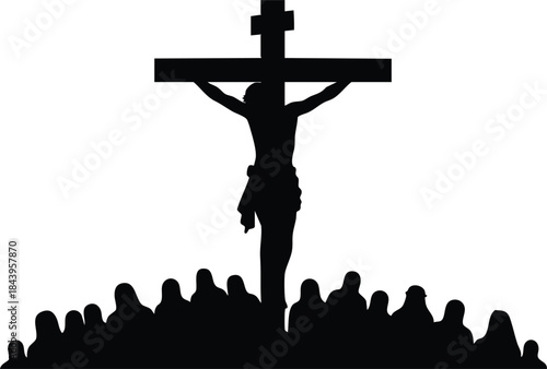 Minimalist silhouette vector of jesus christ on cross seen from low angle with crowd below in landscape composition black figure backlit solemn religious scene for easter