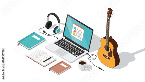Creative workspace with laptop, guitar, and notebooks in isometric style