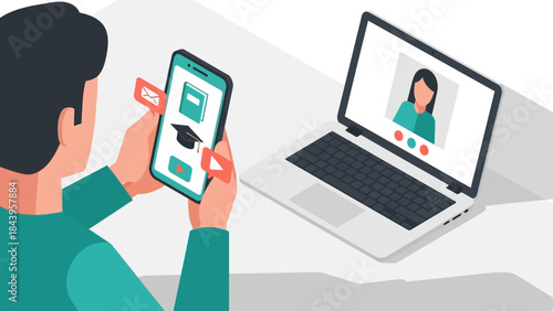 Online learning concept with mobile communication and video call on laptop