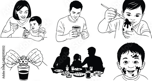 Line art close up messy child eating spaghetti at family table while parents distracted by smartphone in minimal black and white composition playful happy chaotic mood