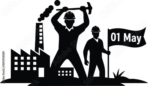 Flat design bold silhouette of factory workers raising hammer and holding may day flag beside industrial plant low angle strong contrast protest graphic icon black monochrome