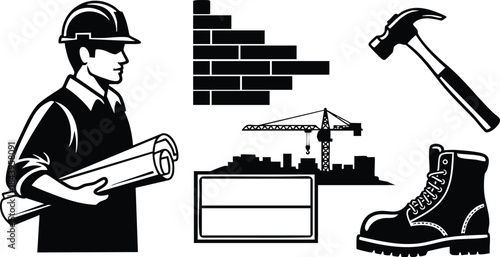 Flat vector construction worker holding blueprint looking at camera near brick wall and hammer and boot and crane and site sign high contrast silhouette industrial background