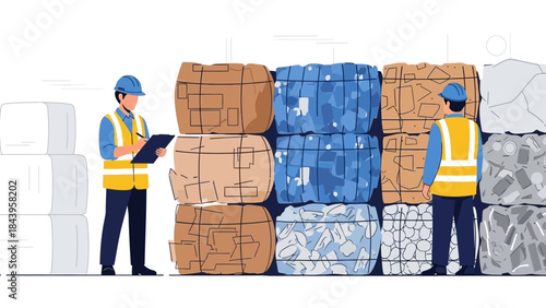 Recycling process: workers in uniform with bales of compressed paper and plastic