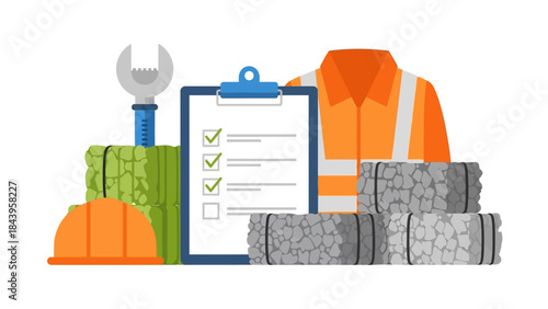 Construction tools and safety equipment icon set with checklist