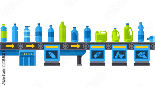 Plastic bottle sorting on conveyor belt in modern recycling facility