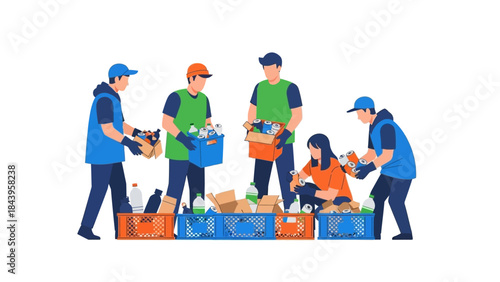 Community recycling team sorting waste in colorful minimalist design