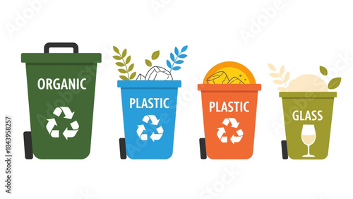 Eco-friendly waste management bins with recycling symbols for plastic, organic, and glass waste