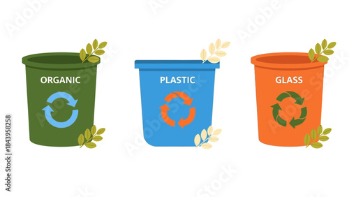 Recycling bins for organic, plastic, and glass waste with leaf decor