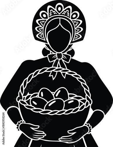 Flat design folk woman wearing kokoshnik holding woven basket of decorated eggs facing forward close up traditional costume spring easter celebration silhouette vector icon monochrome black