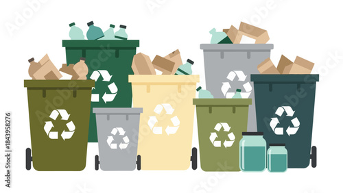 Eco-friendly waste management with colorful recycling bins illustration