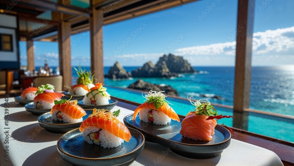 Fototapeta premium Exquisite salmon sushi served at a luxurious restaurant with a stunning ocean view