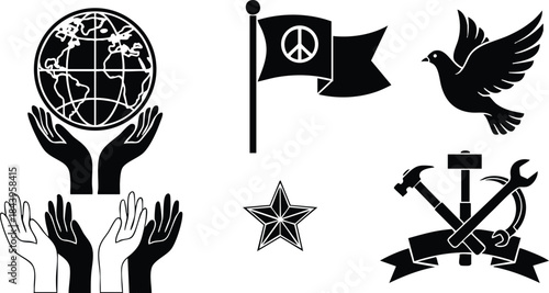Flat design silhouette icon set showing hands holding globe dove flying peace flag raised hands star and crossed hammer and wrench for community solidarity and labor
