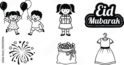 Line art set of eid mubarak icons showing children with balloons girl holding gift fireworks gift bag and festive dress in simple black and white vector