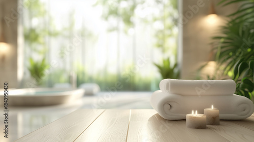 Wallpaper Mural Three white towels are stacked on top of each other on a wooden table Torontodigital.ca