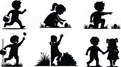 Flat design silhouette sheet of six child figures playing varied actions with grass patches in black on white close up vector art playful energetic expressive poses