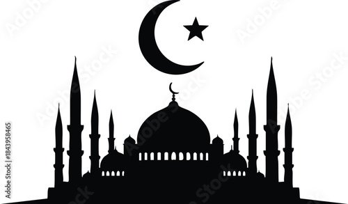 Silhouette vector mosque skyline close up black dome multiple tall minarets crescent moon star centered symmetrical flat icon minimalist islamic religious symbol temple monument graphic illustration