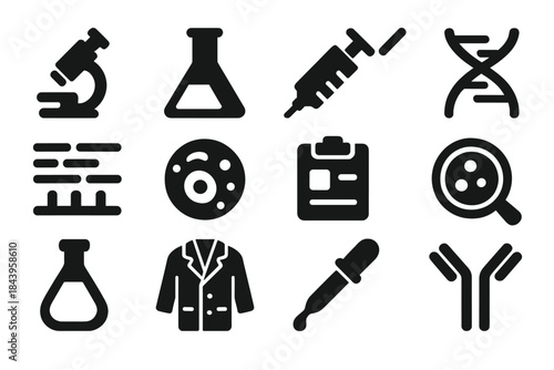 Medical Innovation Icons. Solid style icons of medical research and innovation: microscope, laboratory flask, syringe, DNA double