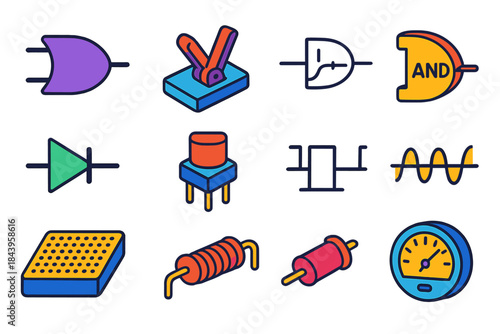Colorful Circuit Elements. Isometric vector illustration set Analog Logic: NOR logic gate, breaker switch, hand-drawn circuit,